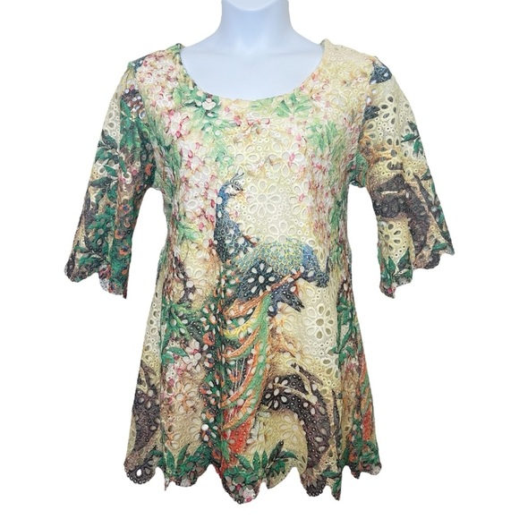 Atmosphere eyelet 3/4 sleeve top peacock print size XL artsy summer beach - Picture 2 of 11